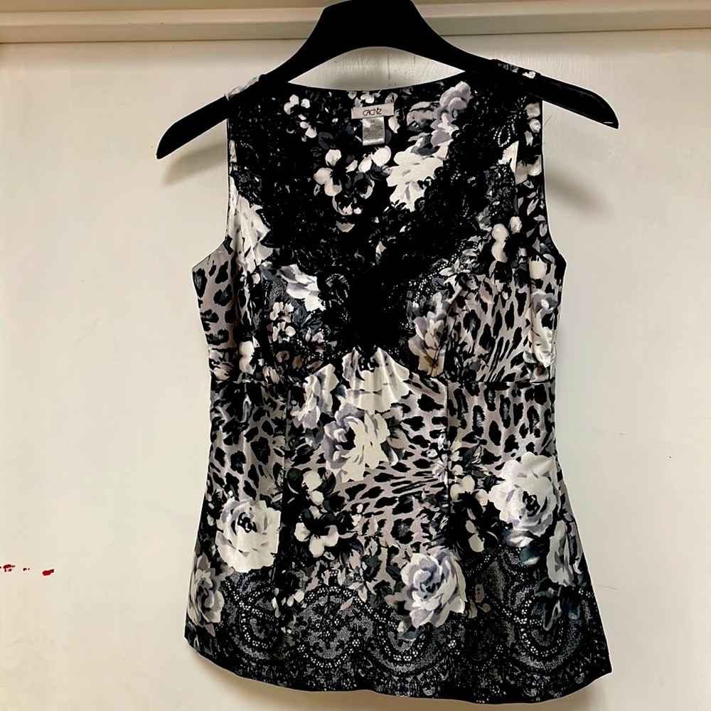 Black, White & Grey Floral Tiger Print with Black Lace Dress Top